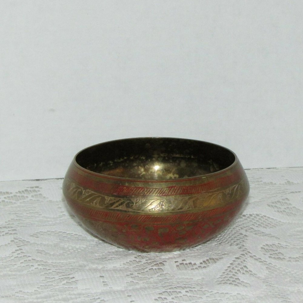 Vintage Brass Vase Planter Etched Red Black Enamel 4" Bohemian Boho Retro Decor